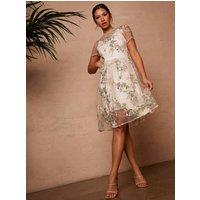 Chi Chi London Women's Floral Embroidered Mesh Overlay Midi Dress in Nude in Beige | Size: 10