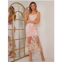 Chi Chi London Women's Peplum Floral Embroidered Lace Bodycon Dress in Pink | Size: 10