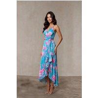 Chi Chi London Women's Cami Floral Wrap Midi Dip Hem Dress in Green in Blue | Size: 12