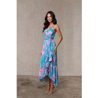 Chi Chi London Women's Cami Floral Wrap Midi Dip Hem Dress in Green in Blue | Size: 14