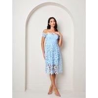 Chi Chi London Women's Bardot Lace Midi Crochet Dress in Blue | Size: 6