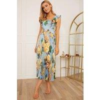 Chi Chi London Women's Ruffle Floral Print Midi Dress in Blue | Size: 6