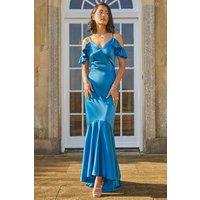 Chi Chi London Women's Satin Cami Strap Ruffle Detail Bodycon Dress in Teal | Size: 16