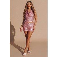 Femme Luxe Women's Sequin Halterneck Crop Top & Shorts Co-Ord Set in Pink | Size: 10