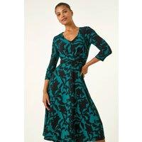Roman Women's Floral Print Wrap Midi Stretch Dress in Teal | Size: 14