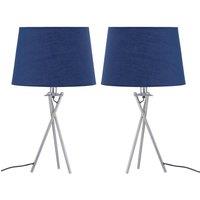 First Choice Lighting Set of 2 Tripod Table Lamps with Navy Cotton Fabric Shades in Silver