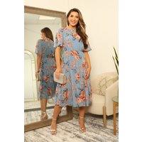 DOUBLE SECOND Women's Floral Floaty Raglan Sleeve Tiered Dress in Blue | Size: 10