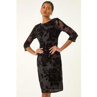 Roman Women's Floral Flock Pleat Detail Dress in Black | Size: 14