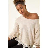 Roman Women's Floral Lace Trim Knit Jumper in Beige | Size: 10