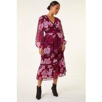 Roman Women's Petite Floral Print Trim Midi Dress in Wine | Size: 8