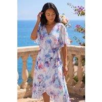 Roman Women's Petite Floral Tie Front Cape Dress in Blue | Size: 14
