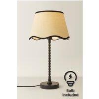 ValueLights Maeve Scallop Black Trim Drum Shade Matte Black Bobbin Table Lamp & LED Bulb