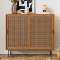 Rolipo Walnut Rattan Sideboard Kitchen Cabinet with Sliding Doors 100cm