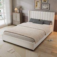 Rolipo 4ft6 Double Beige Velvet Upholstered Storage Bed with 4 Drawers