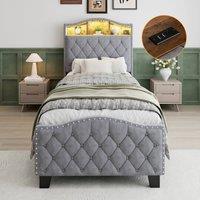 Rolipo 3FT Single Upholstered Bed Grey Velvet with LED Lights & Storage