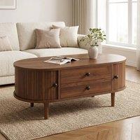 STILVORA Oval Coffee Table with Drawers & Sliding Doors, Walnut