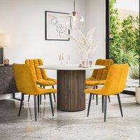 More4Homes Arlo White Marble Top W Walnut Leg + Nova Velvet Dining Chair Set Of 4 in Mustard