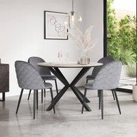 More4Homes Calne Calcutta Gold Ceramic Round Dining Table & 4 Raye Velvet Chairs in Grey