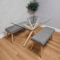 KOSY KOALA 4 Seater Glass Dining Table Set with 2 Grey Benches for Dining Room in Clear