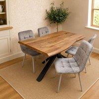 KOSY KOALA 4 Seater Rustic Brown Dining Table Set with 4 Grey Velvet Chairs