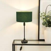 ValueLights Maggie Black Metal Candlestick Slim Table Lamp with Fabric Drum Lamp Shade in Bottle Green