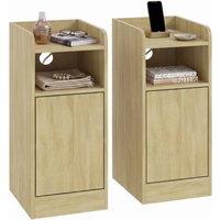 HOMCOM Slim Bedside Table Set of 2 with Charging Station, Oak in Light Oak