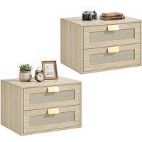 HOMCOM Modern Floating Nightstands Set of 2, 2 Drawers Bedside Tables, Oak in Natural