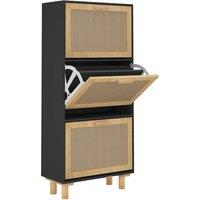 Berkfield Home Shoe Cabinet Black 52x25x115 cm Engineered Wood&Natural Rattan | Size: 52 x 25 x 115 cm