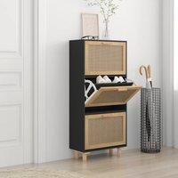 Berkfield Home Shoe Cabinet Black 52x25x115 cm Engineered Wood&Natural Rattan | Size: 52 x 25 x 115 cm