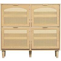 KORVIXA Narrow Rattan Shoe Cabinet 4 Drawers in Light Oak | Size: 100 cm x 100 cm
