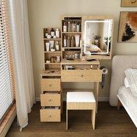 Rolipo Modern Vanity Desk with LED Lights 4 Drawers Power Socket Natural