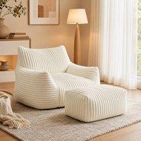 STILVORA Bean Bag Chair with Footrest in White Corduroy