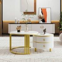 ModernLuxe Round coffee table set with side table, marble top & storage drawers in White