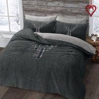 Velosso Stag Head Teddy Warm & Cosy Duvet Cover & Pillowcase Set in Charcoal | Size: King