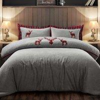 Velosso Standing Stag Teddy Warm & Cosy Duvet Cover & Pillowcase Set in Silver | Size: King