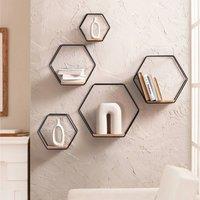 FORGEVIO Hexagon Solid Wood Wall Mounted Shelf Floating Shelves in Black