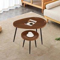 FORGEVIO Double Nested Coffee Table Set Wood Metal Nesting Sofa in Brown