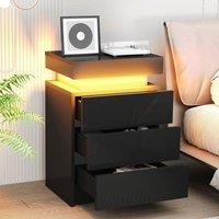 FORGEVIO High Gloss Bedside Table RGB LED Nightstand 3 Drawers in Black