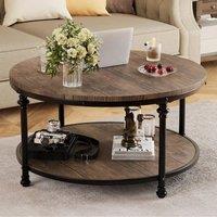 KORVIXA 2-Tier Round Wood Coffee Table With Shelf in Brown | Size: 100 cm x 100 cm