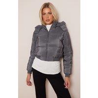 Femme Luxe Women's Cropped Padded Long Sleeve Zip Front Shower Proof Jacket in Charcoal | Size: 12