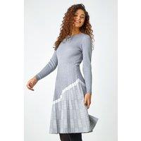 Roman Women's Pleated Border Ribbed Knit Dress in Light Grey | Size: 18