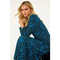 Roman Women's Petite Swirl Print Stretch Midi Dress in Teal | Size: 8