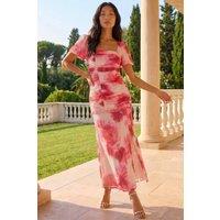 Roman Women's Petite Floral Print Ruched Midi Dress in Pink | Size: 16
