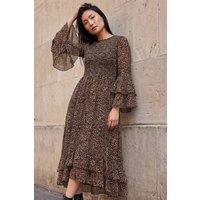 Roman Women's Animal Print Frill Sleeve Midi Dress in Tan | Size: 10