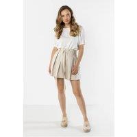 Love Lace Women's High Waist Linen Pleated Belt Shorts in Beige | Size: Small
