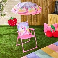 OHS Kids Unicorn Camping Chair Parasol Set Picnic Outdoor Folding Seat in Pink