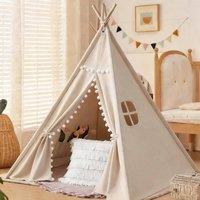 SPETLEK 160CM Large Canvas Kids Teepee Star Wood Indian Tent in Beige | Size: 0.6m2