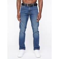 Crosshatch Cadman Men's Straight-Fit Denim Jeans with Branded Belt & Printed Waist Patch in Mid Blue | Size: 32R