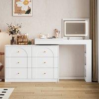 Rolipo Modern L-Shaped Vanity Desk White Makeup Vanity LED Mirror 7 Drawers