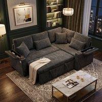 FENCHILIN LShaped Sofa Bed with Pull-out Sleeper, Armrest Storage Charging in Grey